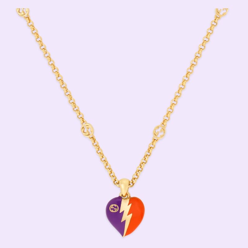 18K Gucci Interlocking G Heart Lightning Charm Necklace