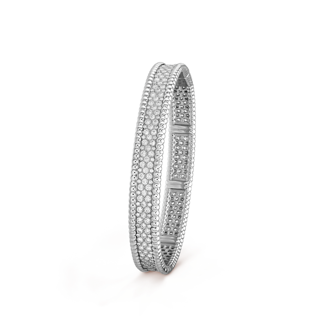 18K Van Cleef & Arpels White Gold Perlee Diamonds Three Rows Bracelet