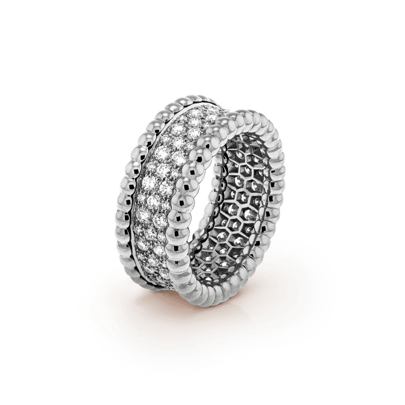 18K Van Cleef & Arpels White Gold Perlee Diamonds 3 Row Ring