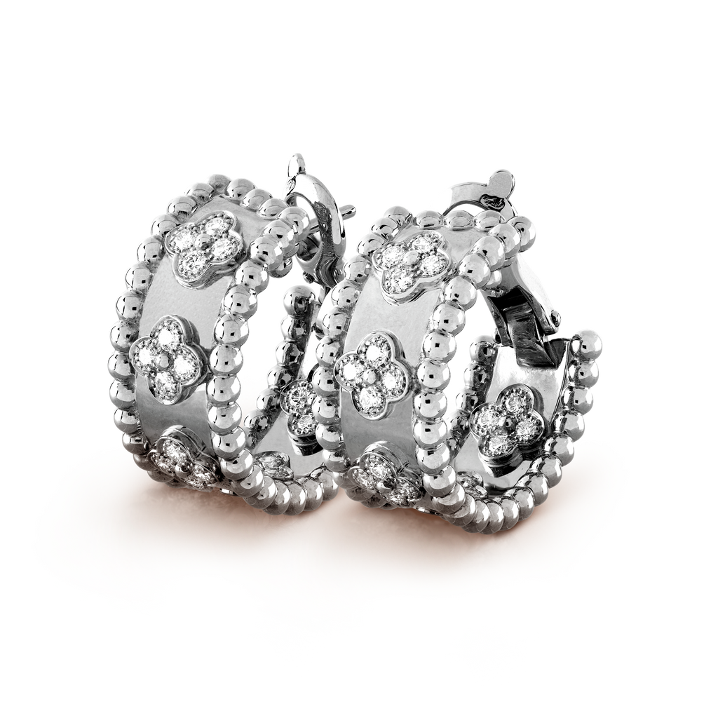 18K Van Cleef & Arpels White Gold Perlee Clovers Hoop Earrings