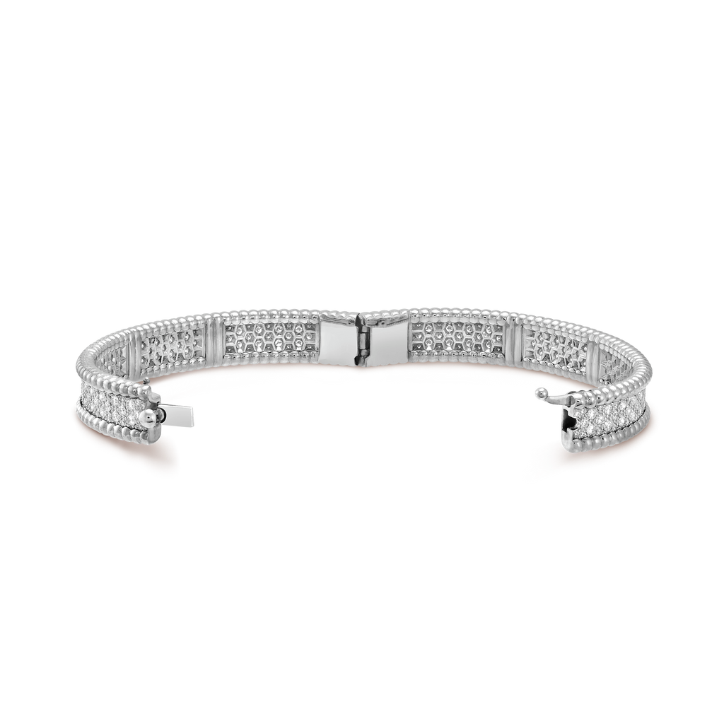 18K Van Cleef & Arpels White Gold Perlee Diamonds Three Rows Bracelet