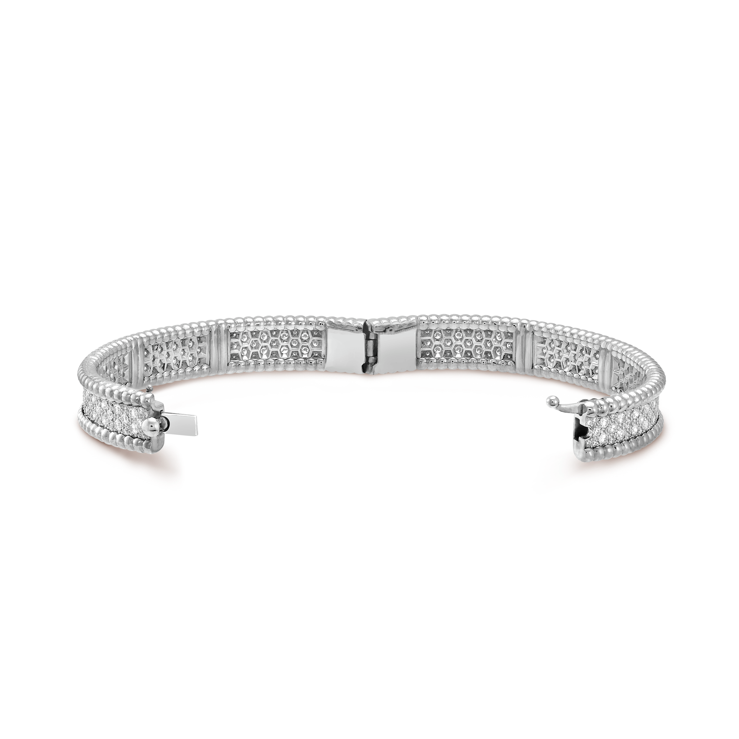 18K Van Cleef & Arpels White Gold Perlee Diamonds Three Rows Bracelet
