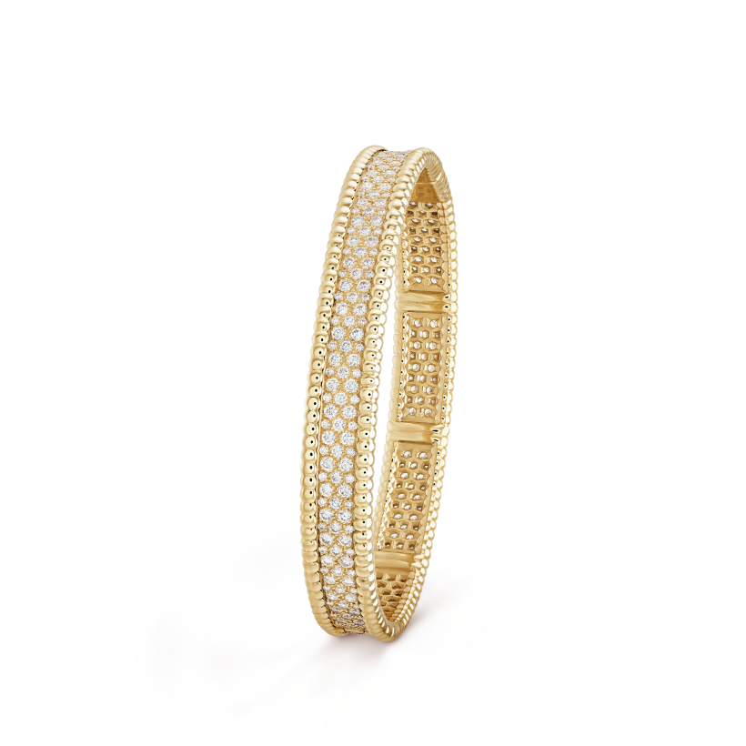 18K Van Cleef & Arpels Yellow Gold Perlee Diamonds Three Rows Bracelet