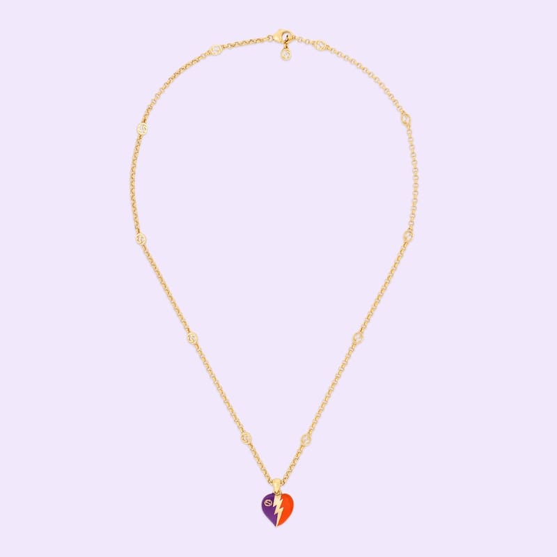18K Gucci Interlocking G Heart Lightning Charm Necklace