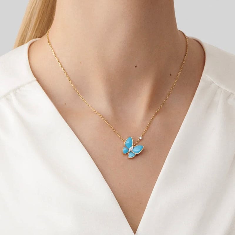 18K Van Cleef & Arpels Two Butterfly Pendant with Diamond & Turquoise Necklace