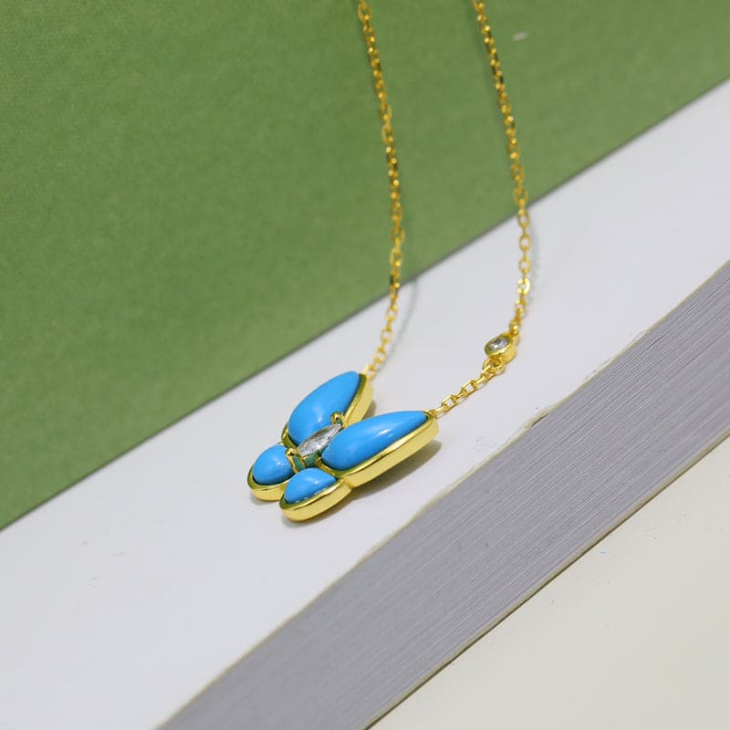 18K Van Cleef & Arpels Two Butterfly Pendant with Diamond & Turquoise Necklace