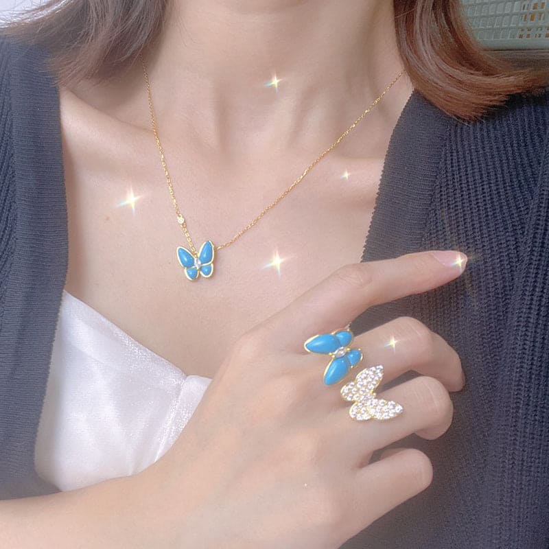 18K Van Cleef & Arpels Two Butterfly Pendant with Diamond & Turquoise Necklace