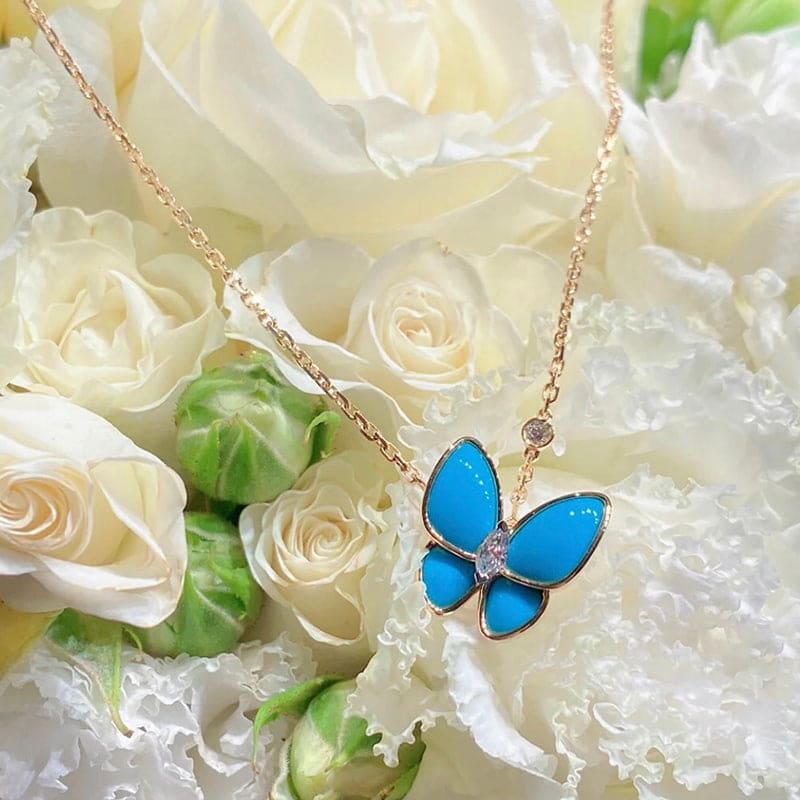 18K Van Cleef & Arpels Two Butterfly Pendant with Diamond & Turquoise Necklace