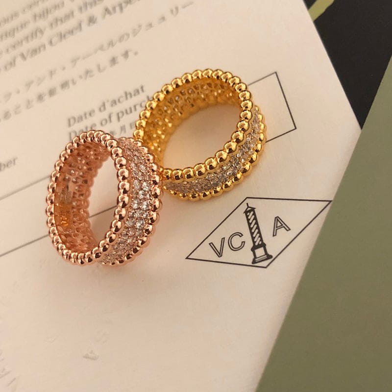 18K Van Cleef & Arpels Rose Gold Perlee Diamonds 3 Row Ring