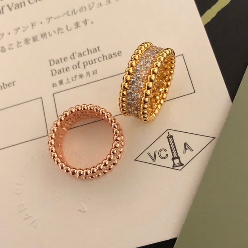18K Van Cleef & Arpels Rose Gold Perlee Diamonds 3 Row Ring