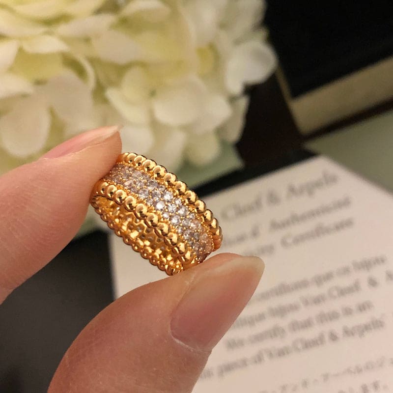 18K Van Cleef & Arpels Yellow Gold Perlee Diamonds 3 Row Ring