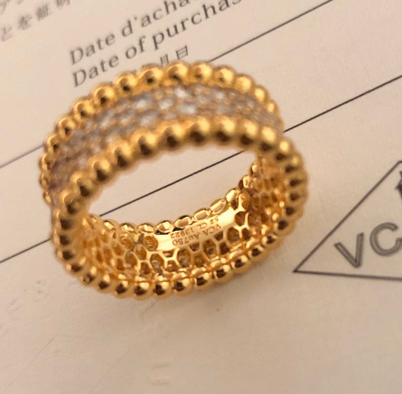 18K Van Cleef & Arpels Yellow Gold Perlee Diamonds 3 Row Ring