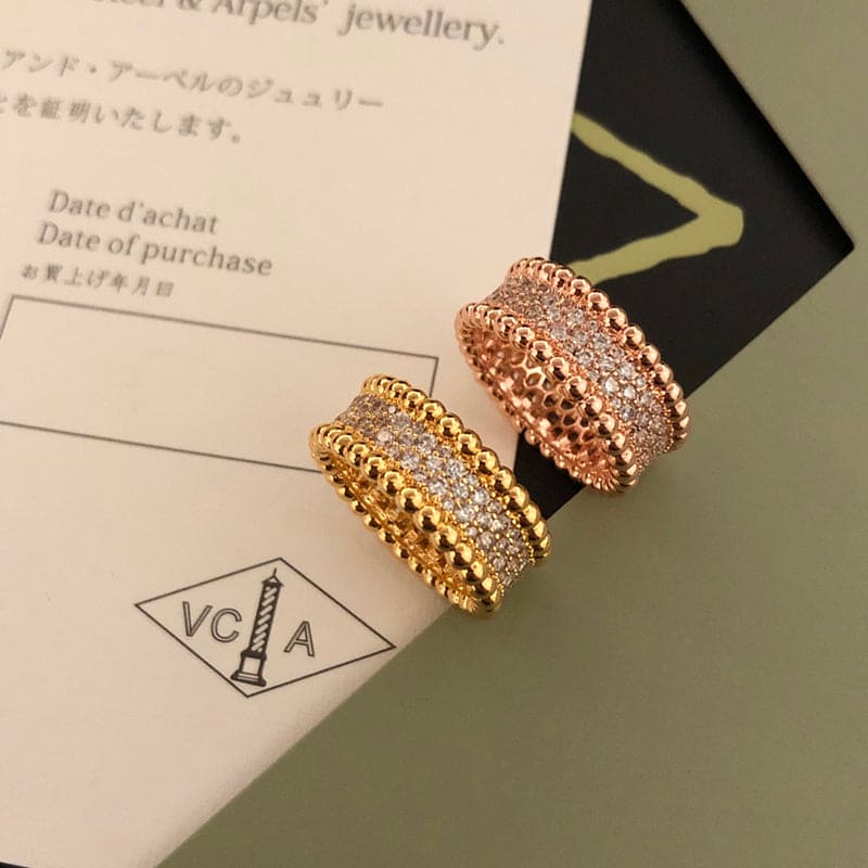18K Van Cleef & Arpels Yellow Gold Perlee Diamonds 3 Row Ring