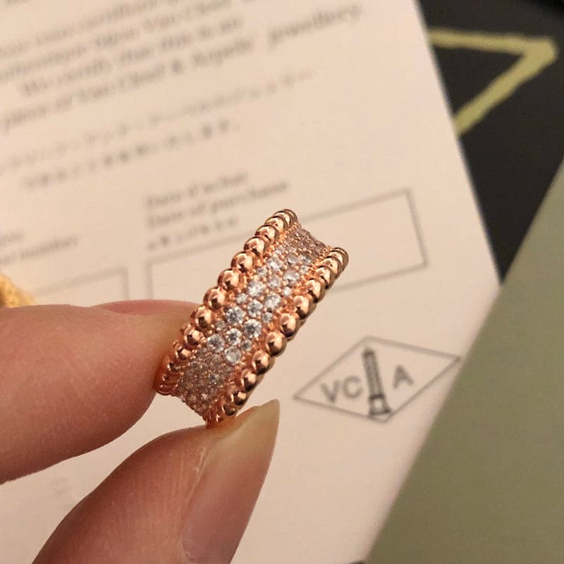 18K Van Cleef & Arpels Rose Gold Perlee Diamonds 3 Row Ring