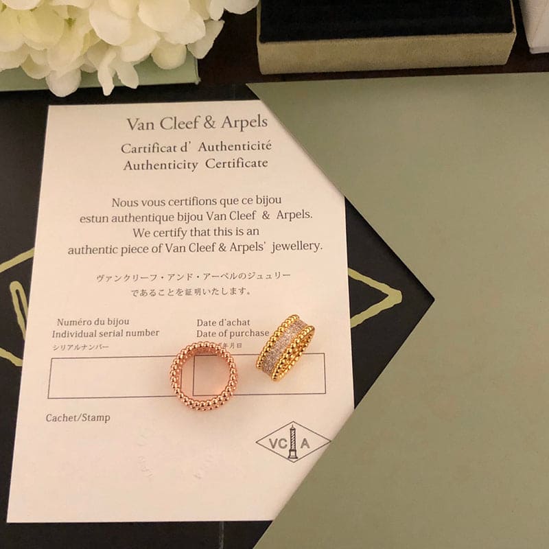 18K Van Cleef & Arpels Yellow Gold Perlee Diamonds 3 Row Ring