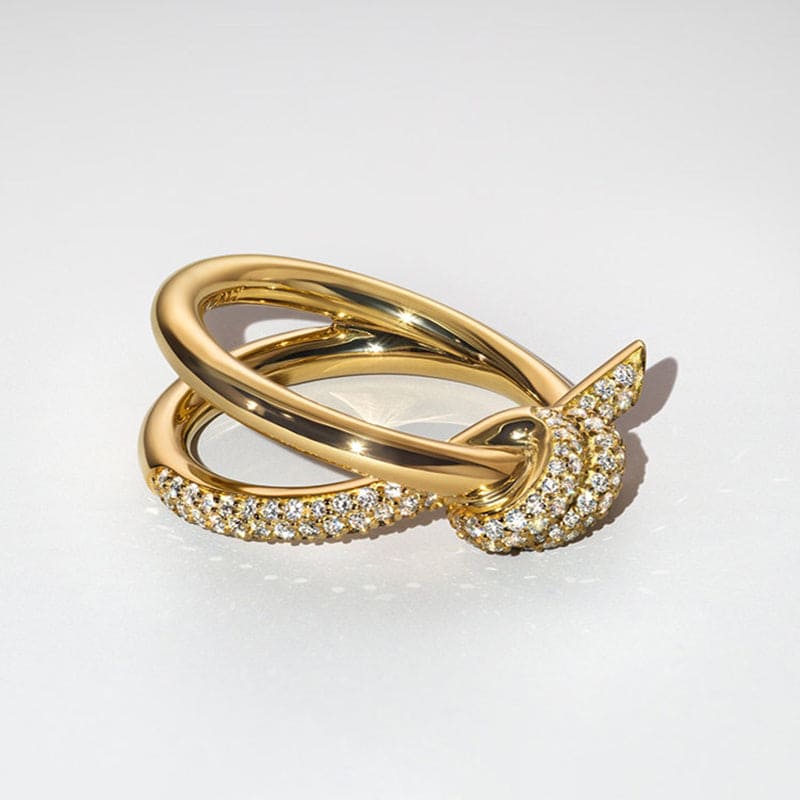 18K Tiffany Yellow Gold Knot Double Row Diamonds Ring