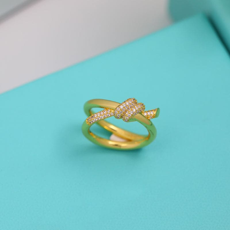 18K Tiffany Yellow Gold Knot Double Row Diamonds Ring