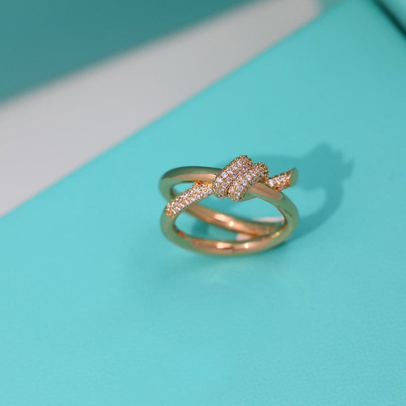 18K Tiffany Rose Gold T Knot Double Row Diamonds Ring
