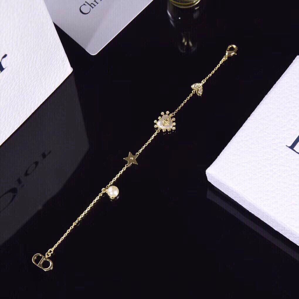 18K Dior Crystal Heart Station Charms Bracelet