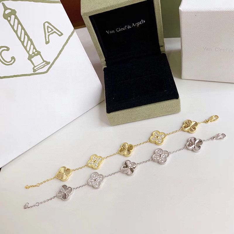 18K Van Cleef & Arpels Vintage Alhambra Five Motifs Diamonds Clover Bracelet