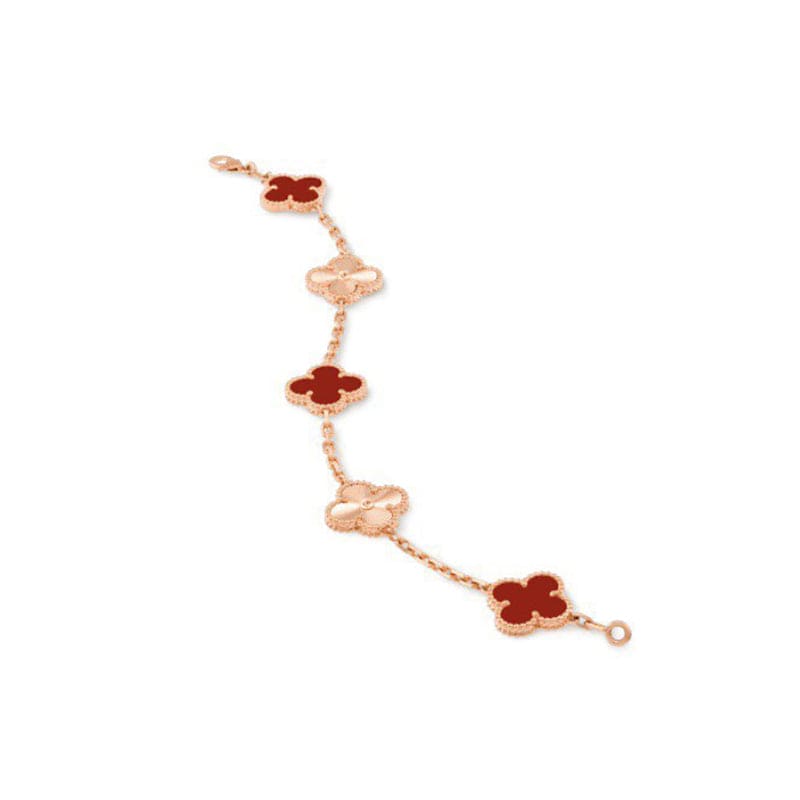 18K Van Cleef & Arpels Vintage Alhambra Five Motifs Carnelian Clover Bracelet