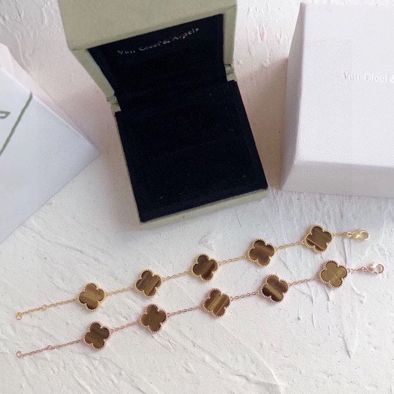 18K Van Cleef & Arpels Vintage Alhambra Five Motifs Tiger Eye Clover Bracelet