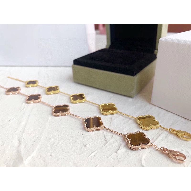 18K Van Cleef & Arpels Vintage Alhambra Five Motifs Tiger Eye Clover Bracelet