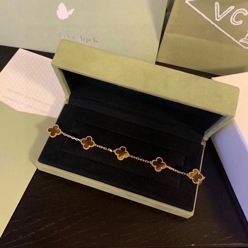 18K Van Cleef & Arpels Vintage Alhambra Five Motifs Tiger Eye Clover Bracelet