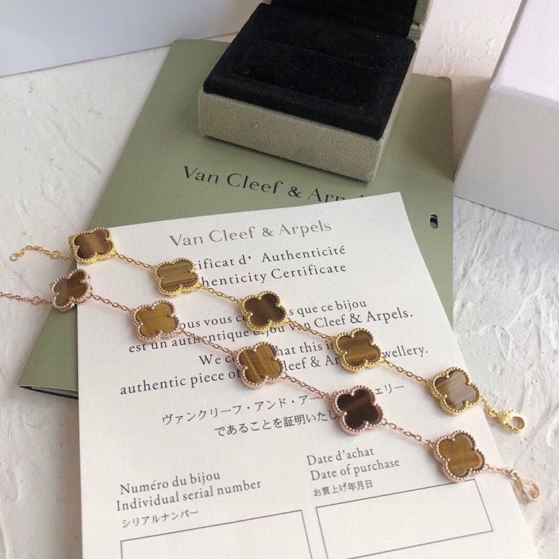 18K Van Cleef & Arpels Vintage Alhambra Five Motifs Tiger Eye Clover Bracelet