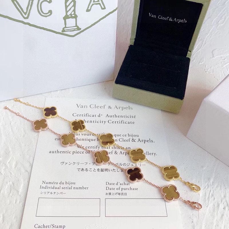 18K Van Cleef & Arpels Vintage Alhambra Five Motifs Tiger Eye Clover Bracelet