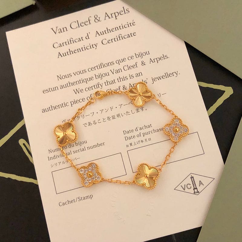 18K Van Cleef & Arpels Vintage Alhambra Five Motifs Diamonds Clover Bracelet