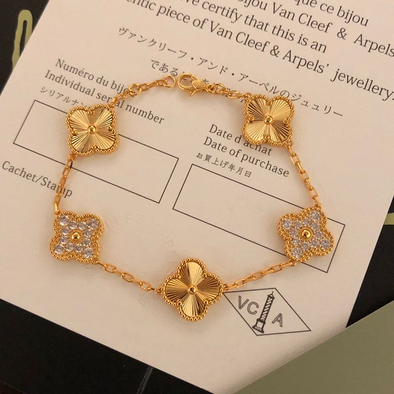 18K Van Cleef & Arpels Vintage Alhambra Five Motifs Diamonds Clover Bracelet