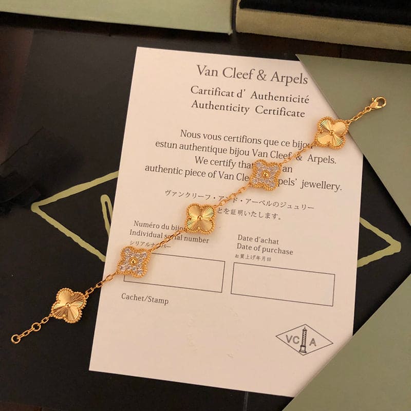 18K Van Cleef & Arpels Vintage Alhambra Five Motifs Diamonds Clover Bracelet