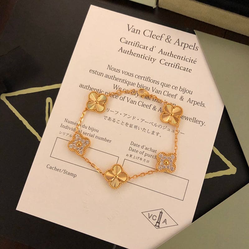 18K Van Cleef & Arpels Vintage Alhambra Five Motifs Diamonds Clover Bracelet