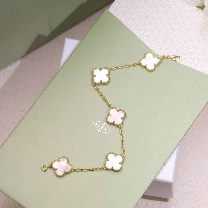 18K Van Cleef & Arpels Vintage Alhambra Five Motifs Pearl Clover Bracelet