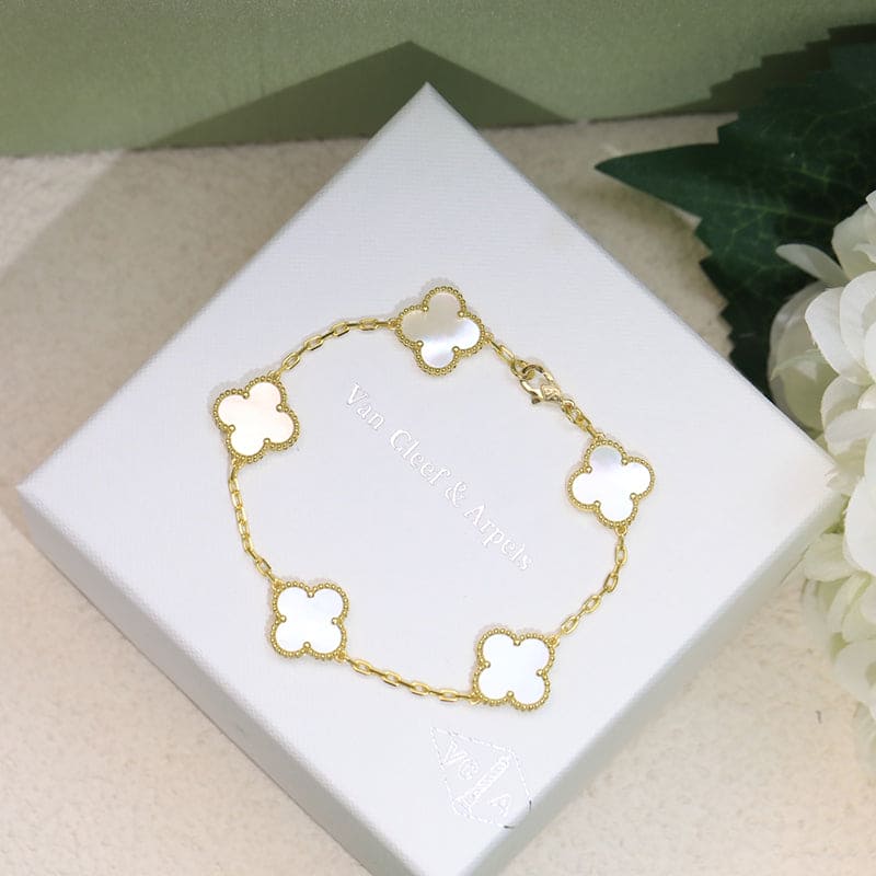 18K Van Cleef & Arpels Vintage Alhambra Five Motifs Pearl Clover Bracelet