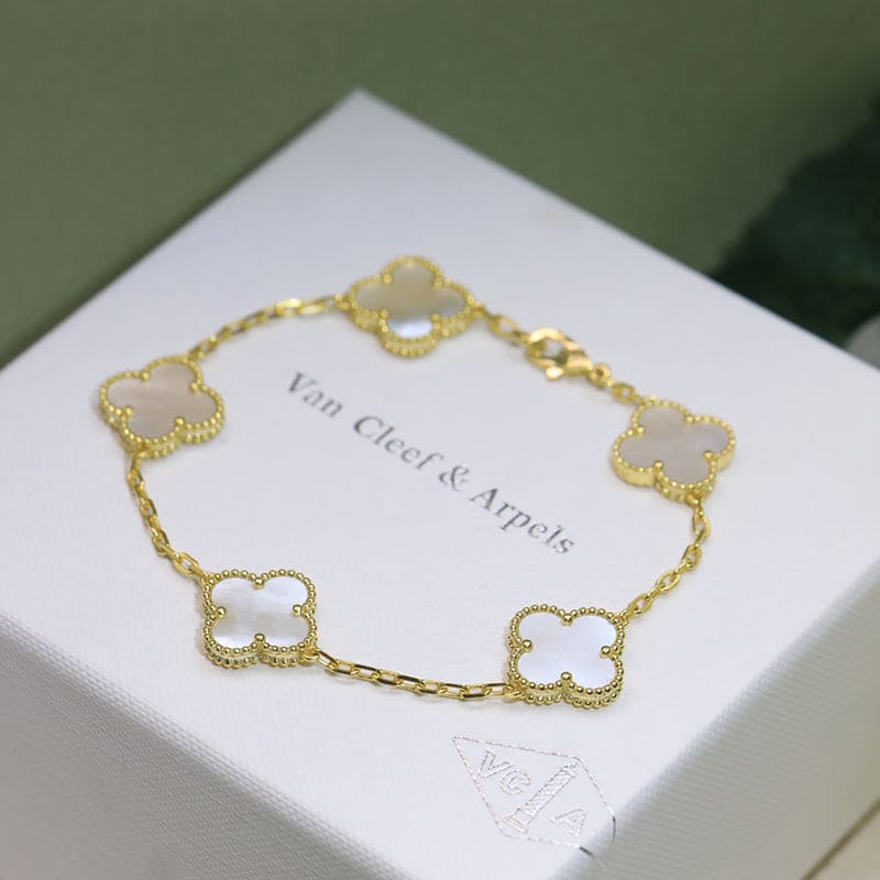 18K Van Cleef & Arpels Vintage Alhambra Five Motifs Pearl Clover Bracelet