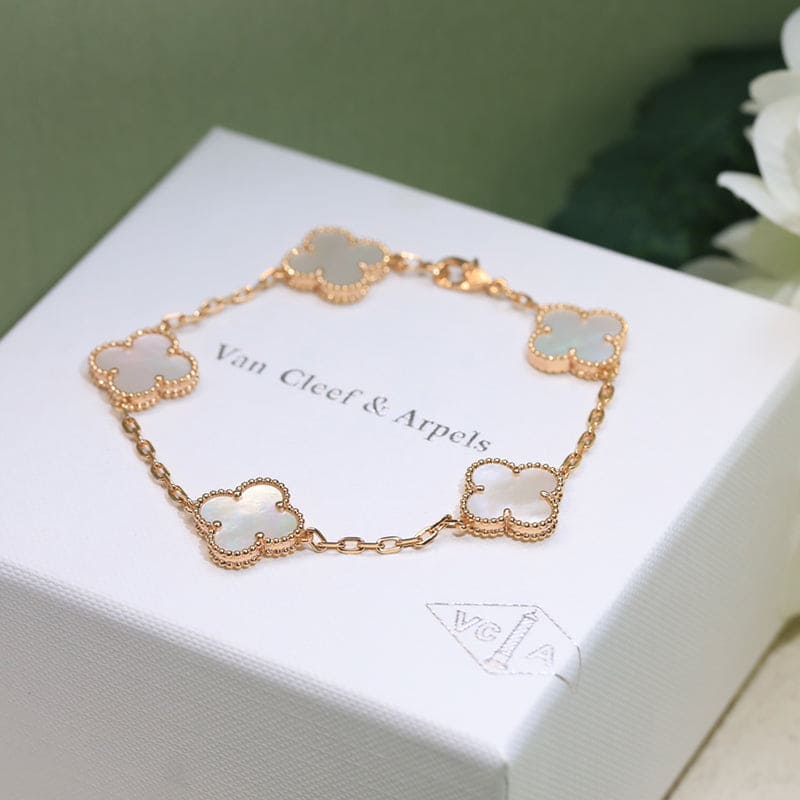 18K Van Cleef & Arpels Vintage Alhambra Five Motifs Pearl Clover Bracelet