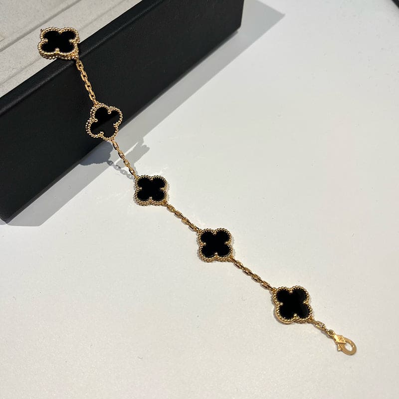 18K Van Cleef & Arpels Vintage Alhambra Five Motifs Clover Onyx Bracelet
