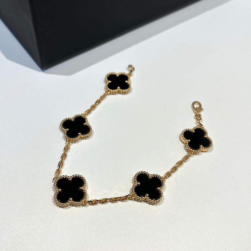 18K Van Cleef & Arpels Vintage Alhambra Five Motifs Clover Onyx Bracelet