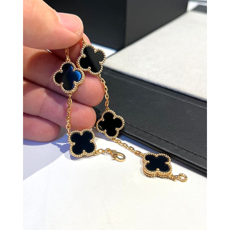 18K Van Cleef & Arpels Vintage Alhambra Five Motifs Clover Onyx Bracelet