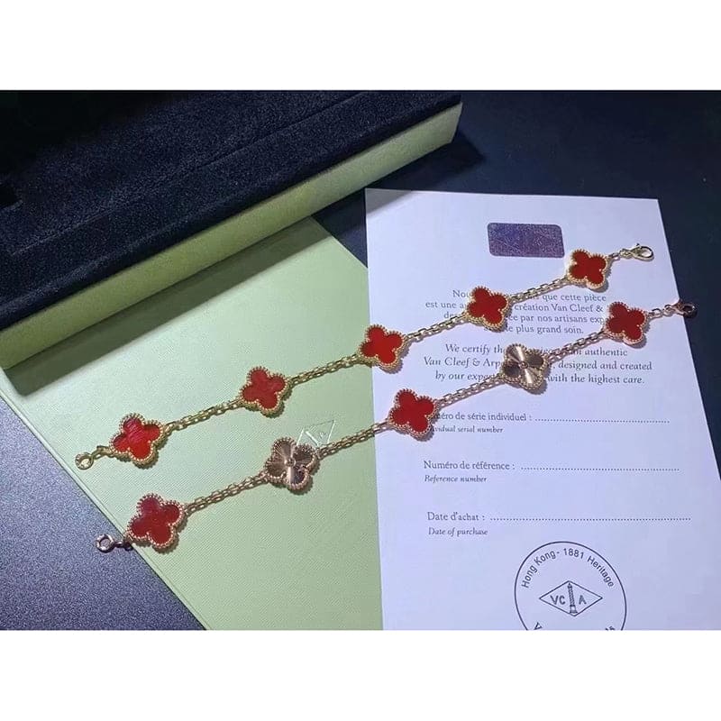 18K Van Cleef & Arpels Vintage Alhambra Five Motifs Carnelian Clover Bracelet