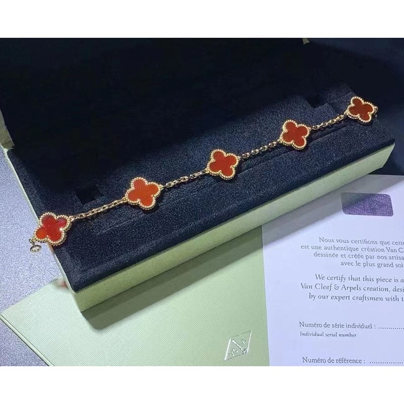 18K Van Cleef & Arpels Vintage Alhambra Five Motifs Carnelian Clover Bracelet