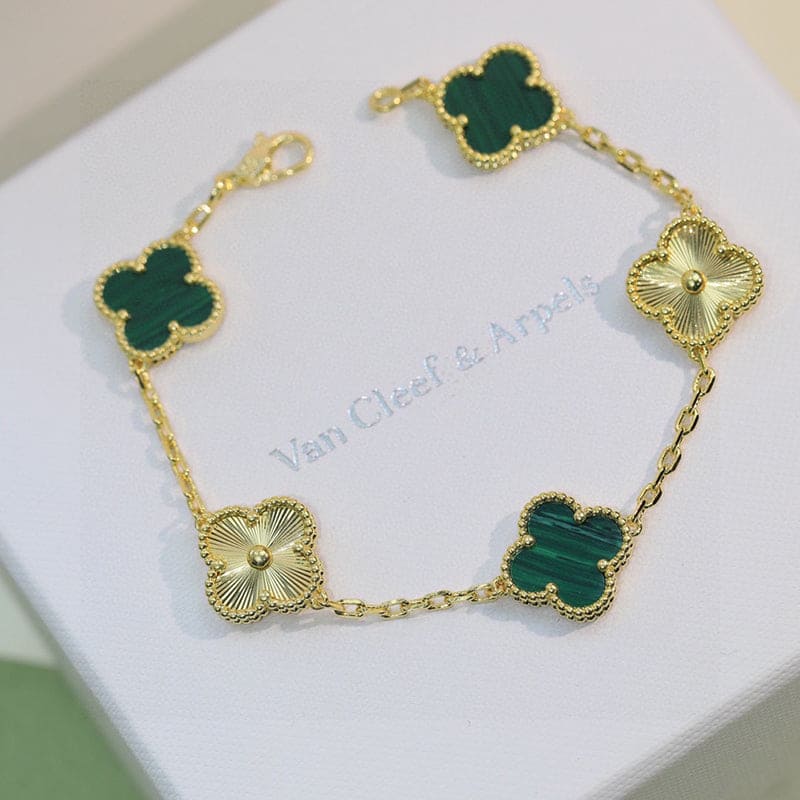 18K Van Cleef & Arpels Vintage Alhambra Five Motifs Malachite Diamonds Clover Bracelet