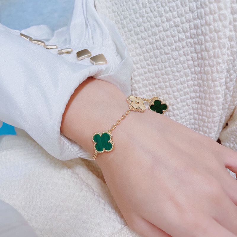 18K Van Cleef & Arpels Vintage Alhambra Five Motifs Malachite Diamonds Clover Bracelet