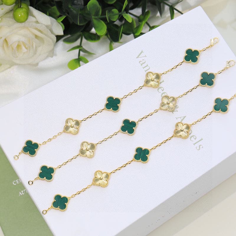 18K Van Cleef & Arpels Vintage Alhambra Five Motifs Malachite Diamonds Clover Bracelet