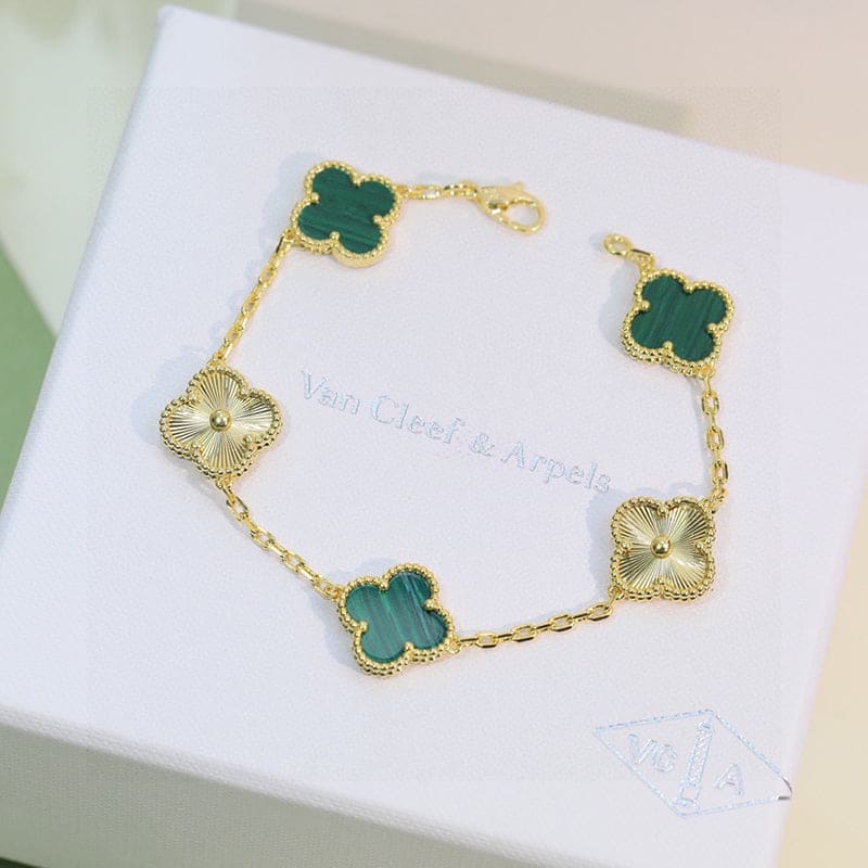 18K Van Cleef & Arpels Vintage Alhambra Five Motifs Malachite Diamonds Clover Bracelet