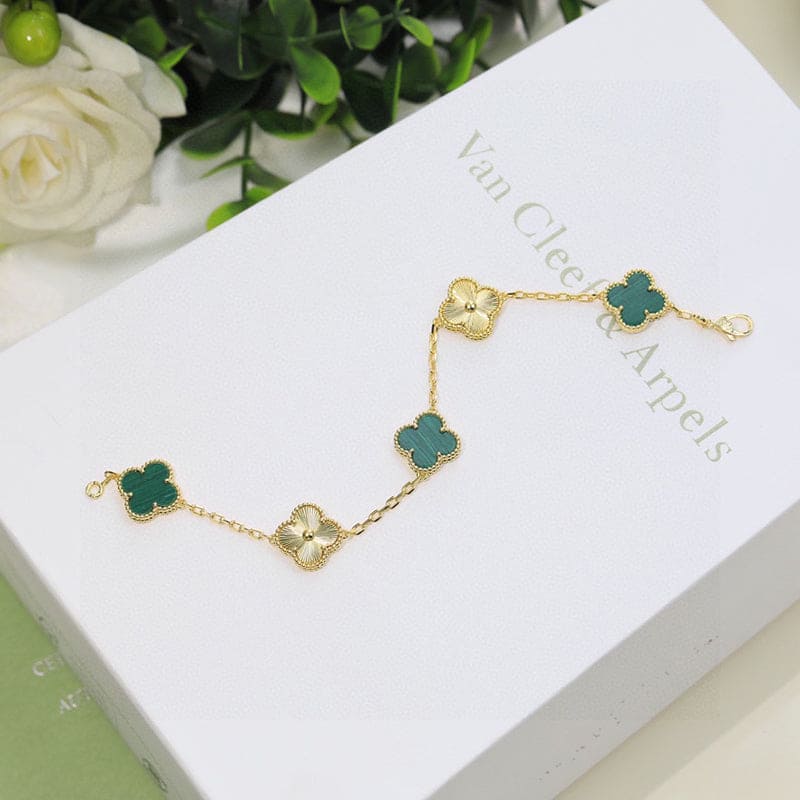 18K Van Cleef & Arpels Vintage Alhambra Five Motifs Malachite Diamonds Clover Bracelet