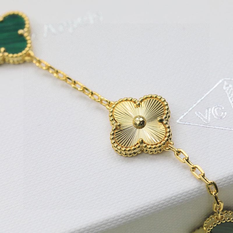 18K Van Cleef & Arpels Vintage Alhambra Five Motifs Malachite Diamonds Clover Bracelet