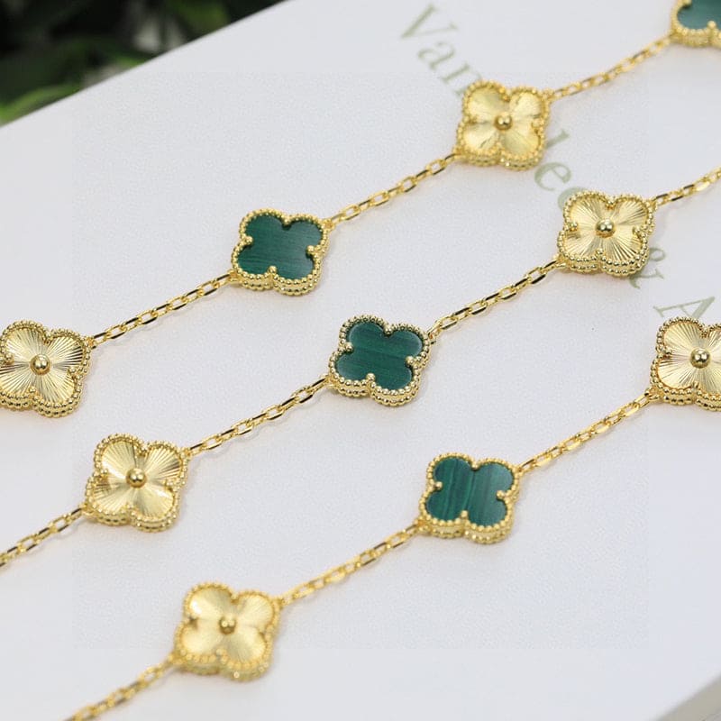 18K Van Cleef & Arpels Vintage Alhambra Five Motifs Malachite Diamonds Clover Bracelet